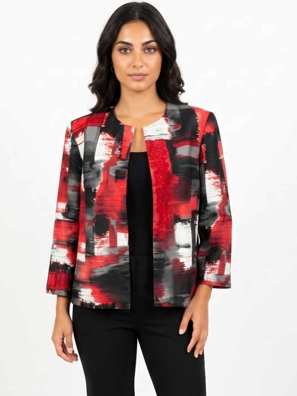 Kasper Red, Black & White Abstract Open-Front Jacket